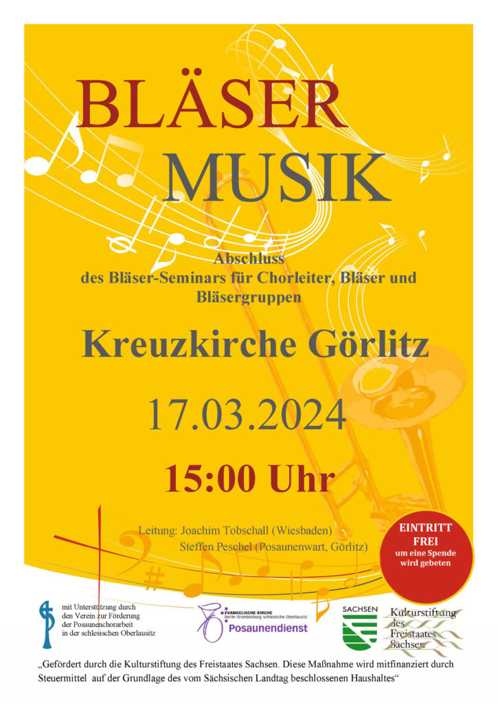 Plakat Abschlusskonzert des Bläserseminars am 17.03.24 15:00 Uhr Kreuzkirche Görlitz